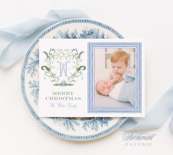 Chinoiserie Christmas Photo Cards: Blue Watercolor Holiday Cards
