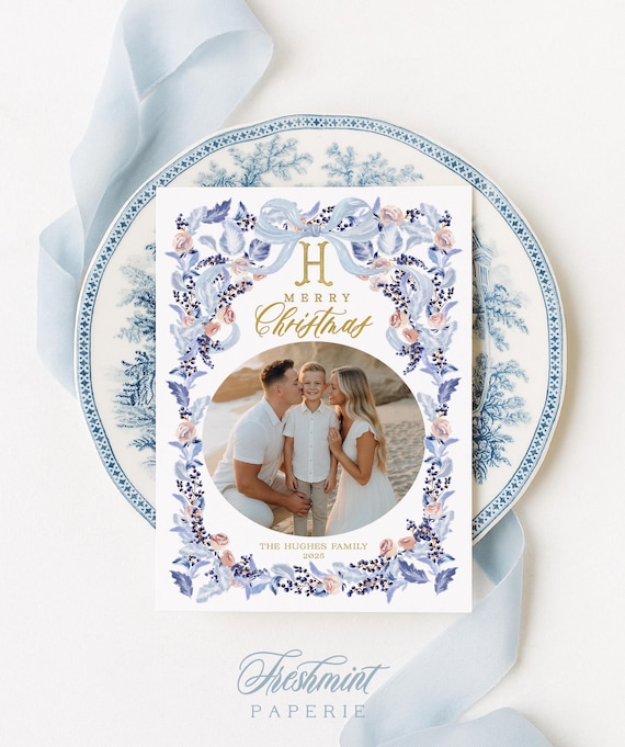 Blue Floral Photo Holiday Cards: Monogram Wreath Design