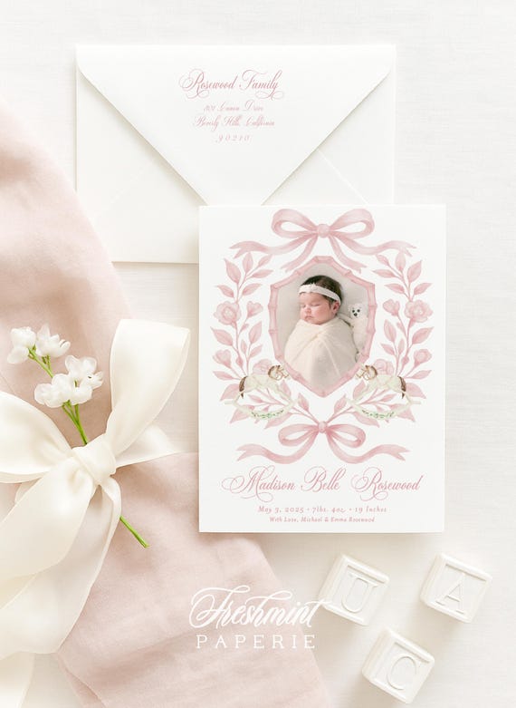 Pink Bamboo Crest Birth Announcement, Baby Girl Birth Announcement, Birth Announcement, Monogram Birth Announcement, Rocking Horse