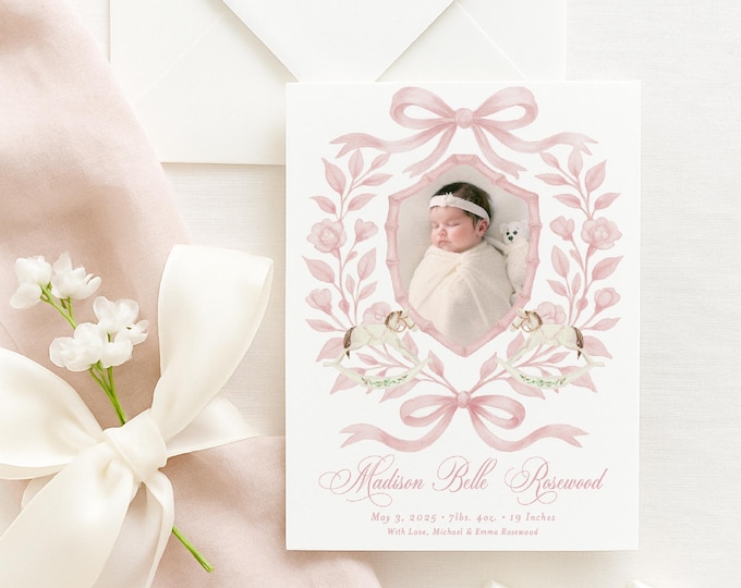 Rocking Horse Crest Baby Girl Birth Announcement