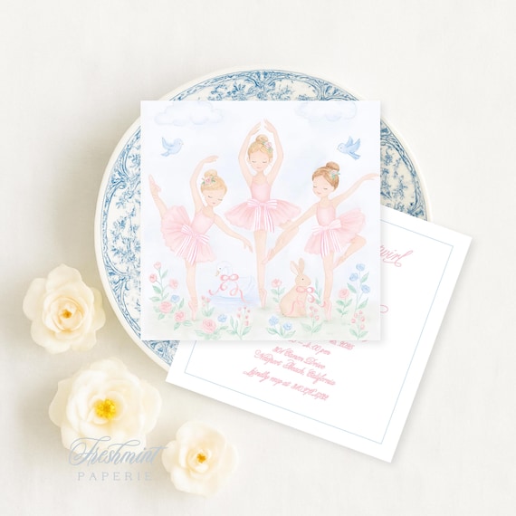Ballerina Floral Birthday Invitation | Pastel Pink and Blue | Watercolor Ballerina Invite | Garden | Tutu Grandmillennial