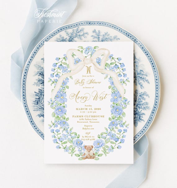 Teddy Bear invitation, Monogram, baby shower, Blue Floral, Gingham, Bow, Grandmillennial, Crest, Watercolor