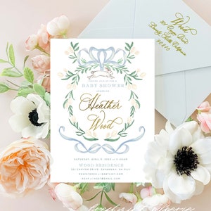 Bunny baby shower invitations, Spring Bunny invitation, baby shower, Easter invitation, Blue Bunny invitation, Rabbit Invitation, Watercolor image 1