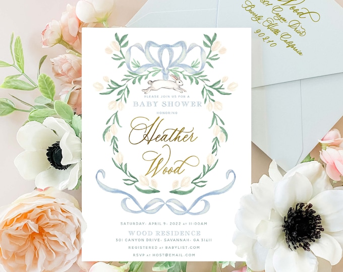 Bunny baby shower invitations, Spring Bunny invitation, baby shower, Easter invitation, Blue Bunny invitation, Rabbit Invitation, Watercolor