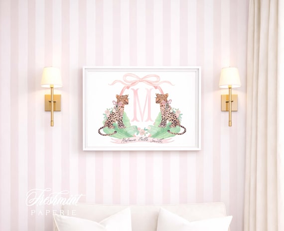 Cheetah Nursery Art Print, Safari, Monogram, Crest, Pink Bow