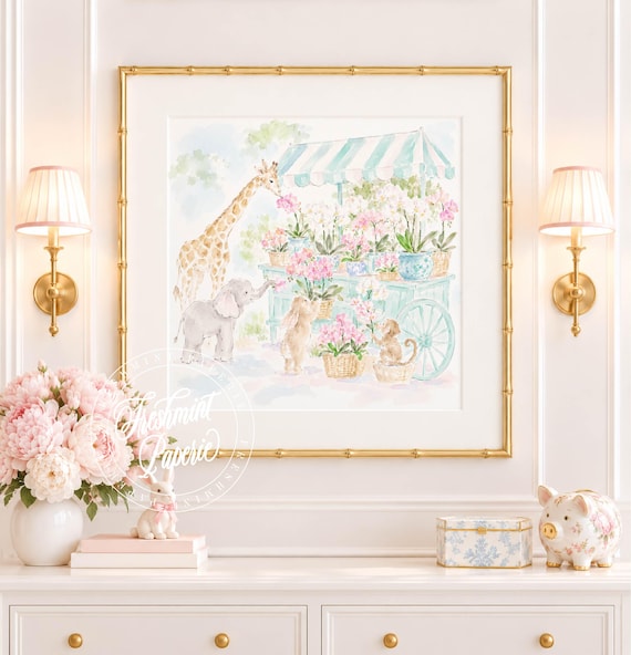 Nursery Wall Art, Animal art, Flower cart, Orchids, Ginger Jar, Grandmillennial, Chinoiserie