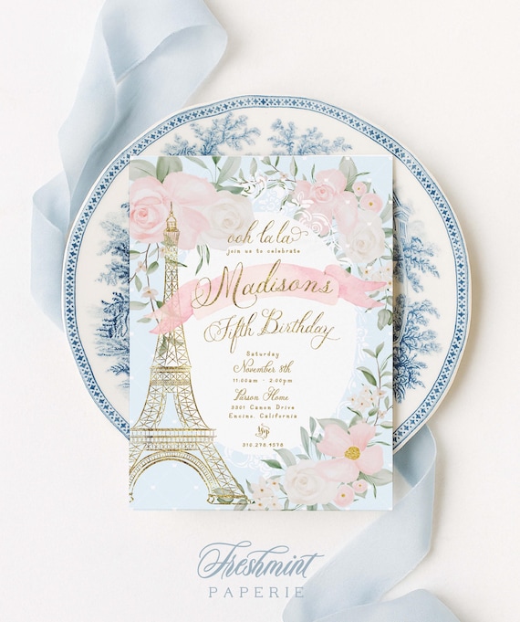 Paris invitation, French, Parisian Birthday, ooh la la, Eiffel Tower, Floral, Grandmillennial chic
