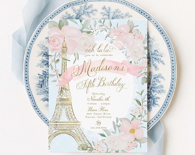 Paris invitation, French, Parisian Birthday, ooh la la, Eiffel Tower, Floral, Grandmillennial chic