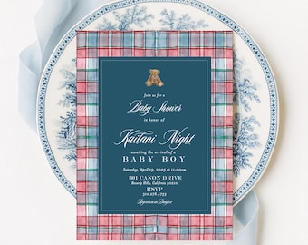 Plaid Teddy Bear Baby Shower Invitation: Classic Tartan Design