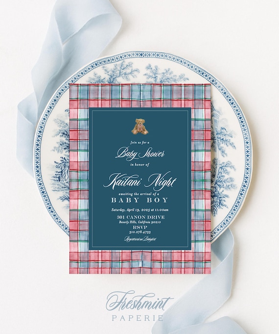 Plaid Teddy Bear Baby Shower Invitation: Classic Tartan Design