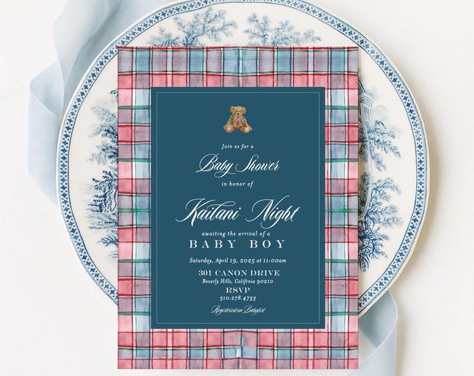 Plaid Teddy Bear Baby Shower Invitation: Classic Tartan Design