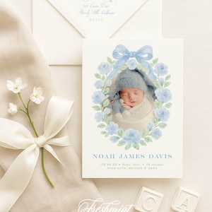 Aquarelle, faire-part de naissance garçon, faire-part de naissance, noeud bleu, faire-part de naissance, bienvenue bébé