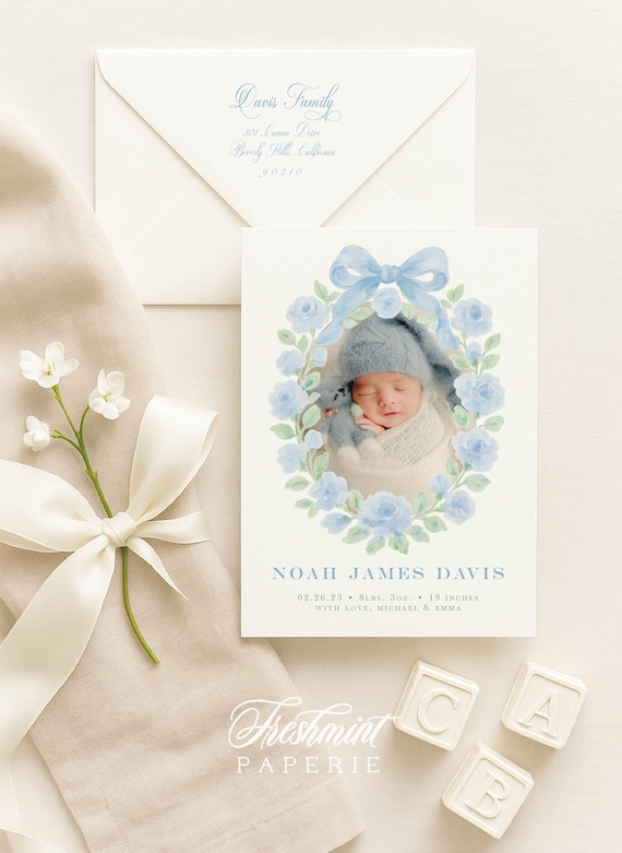 Watercolor Birth Announcement, Boy Birth Announcement, Birth Announcement, Blue Bow Birth Announcement, Birth Announcement, Welcome Baby