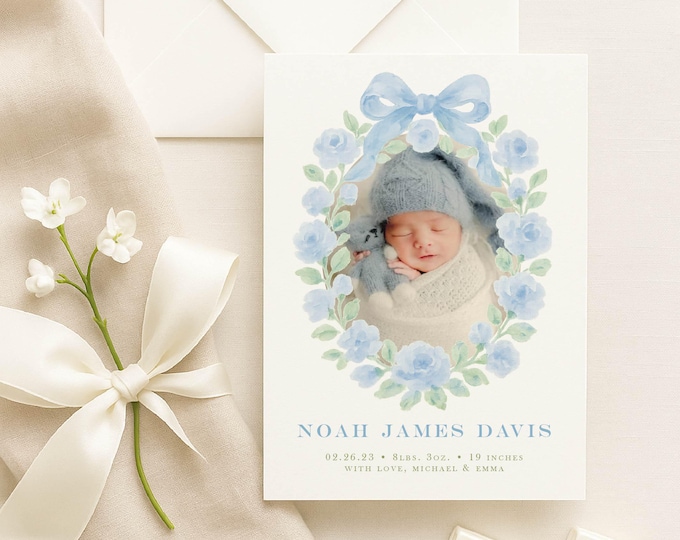 Watercolor Boy Birth Announcement: Blue Floral Wreath