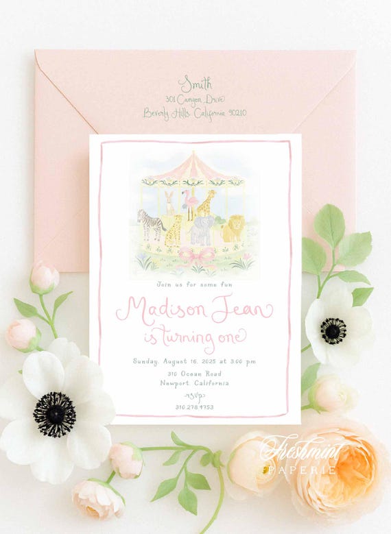 Safari Carousel invitation, Carousel Birthday, Safari Animals invitation, Carnival Safari Invitation, Pink Bows, Grandmillennial, Whimsical