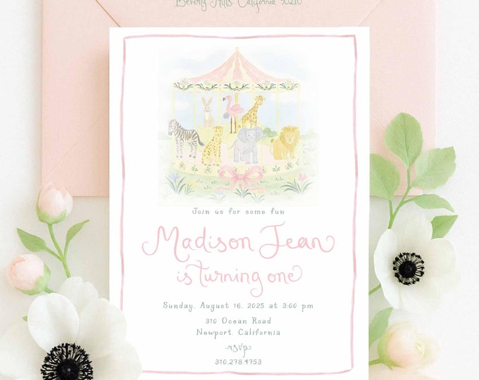 Safari Carousel Birthday Invitation: Whimsical Animals, Pink Bows