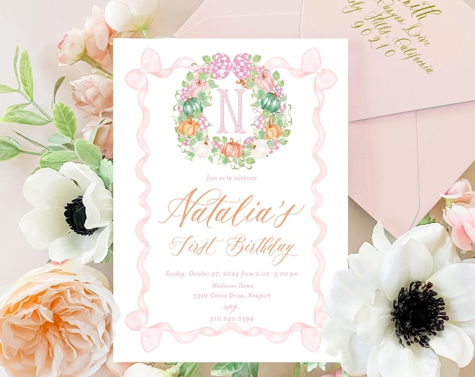 Pink Pumpkin Birthday Invitation, Monogram, Gingham