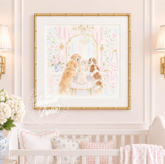 Nursery Wall Art, Puppies, Pink Stripes, Grandmillennial, Chinoiserie