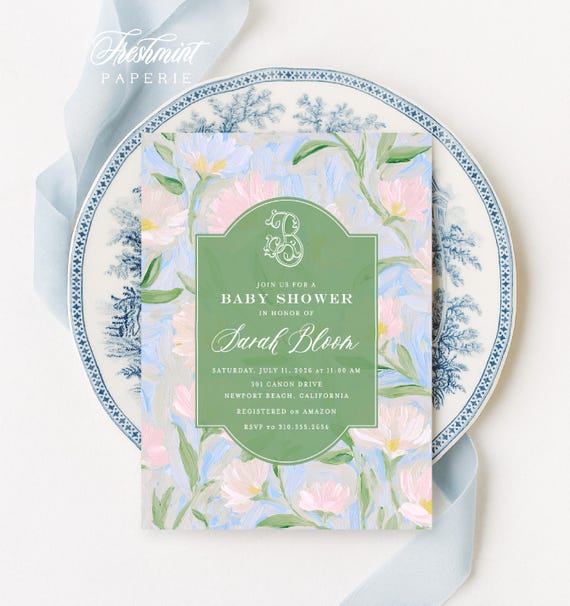 Garden Baby Shower Invitation, Peony, Monogram, Grandmillennial, Pink Floral, Heirloom, Baby in Bloom