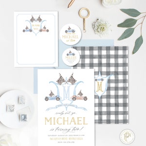 May include: A blue and white checkered background with a white invitation card. The invitation card has a watercolor illustration of two race cars with checkered flags and the text "ready, set, go... MICHAEL is turning two!"  The invitation includes the date, time, and location of the party.