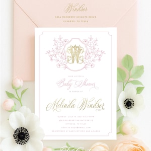 Inbjudan till babyshower, inbjudan till botaniskt vapen, inbjudan till monogramvapen, inbjudan till botaniskt vapen, rosa botanisk inbjudan bild 1