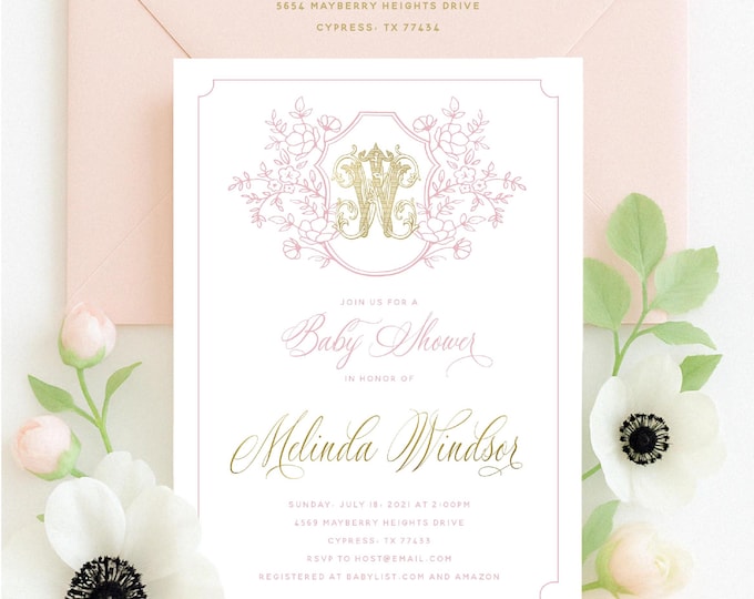 Baby Shower Invitation, Botanical Crest invitation, Monogram Crest invitation, Botanical Baby Shower Invitation, Pink Botanical invitation