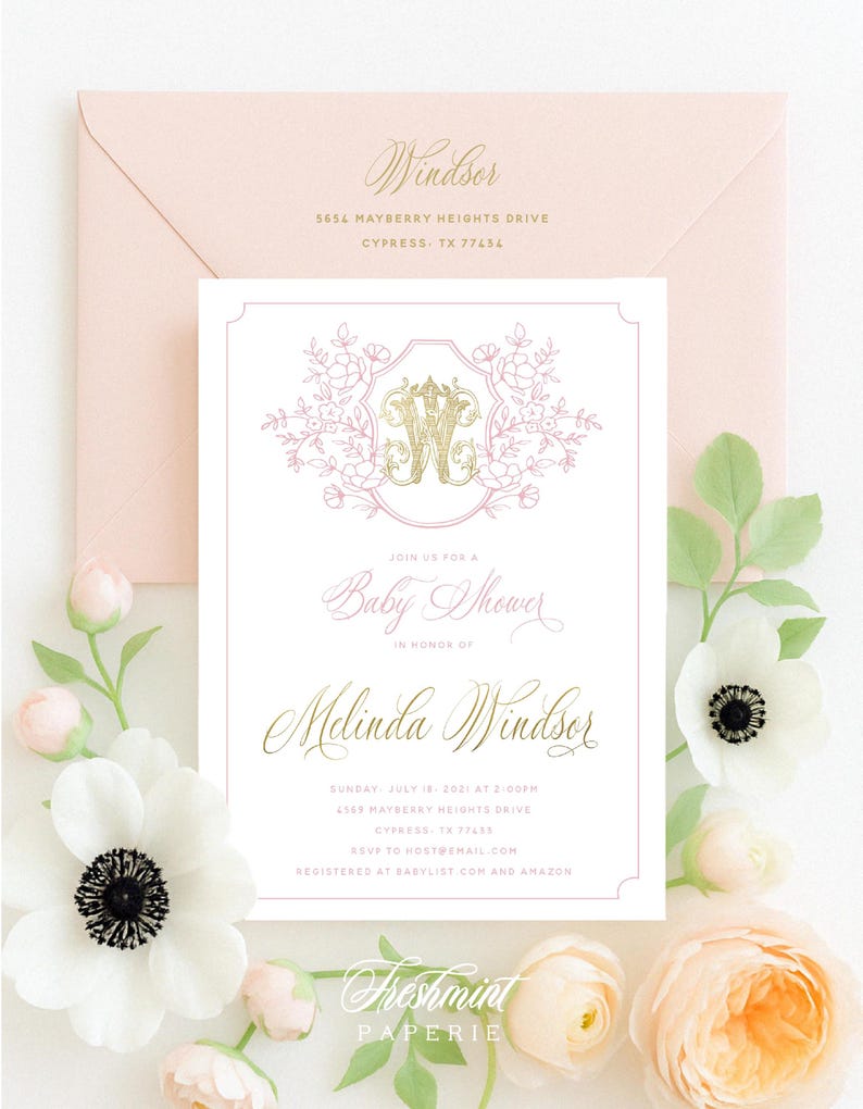 Inbjudan till babyshower, inbjudan till botaniskt vapen, inbjudan till monogramvapen, inbjudan till botaniskt vapen, rosa botanisk inbjudan bild 1
