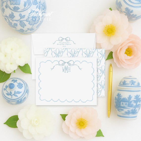 Monogram Notecards, Blue Bow Notecards, Monogram Stationery, Personalized Notecards, Bow Stationery, Watercolor, 110lb. Premium Cardstock