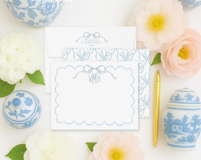 Monogram Notecards: Blue Bow Stationery, Personalized Cards