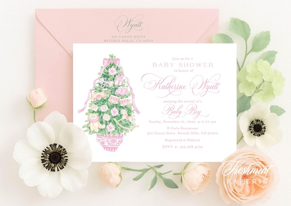 Chinoiserie invitation, Christmas Tree Invitation, Pink Chinoiserie invitation, Baby Shower Invitation, Rocking Horse, Ginger Jar