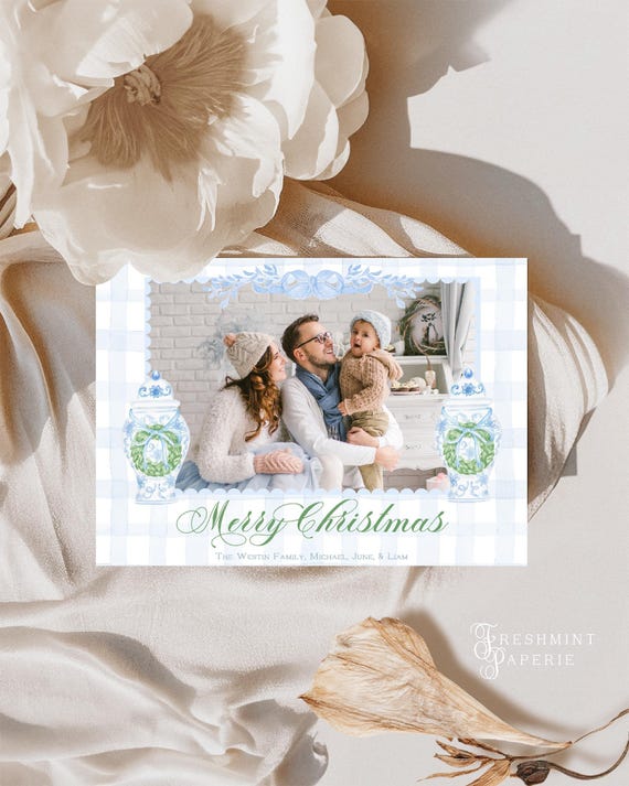 Blue Floral Photo Christmas Cards, Gingham Holiday Wreath