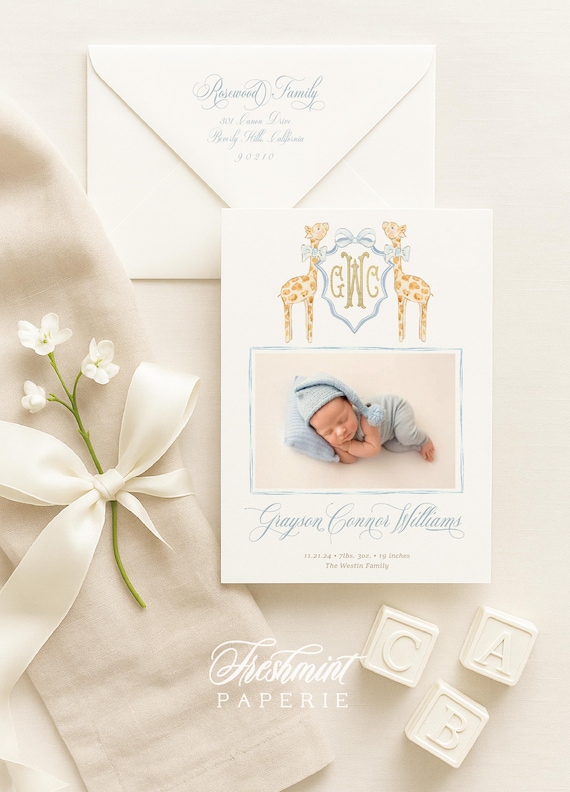 Watercolor Birth Announcement, Boy Birth Announcement, Birth Announcement, Giraffe crest, Monogram Announcement, Welcome Baby