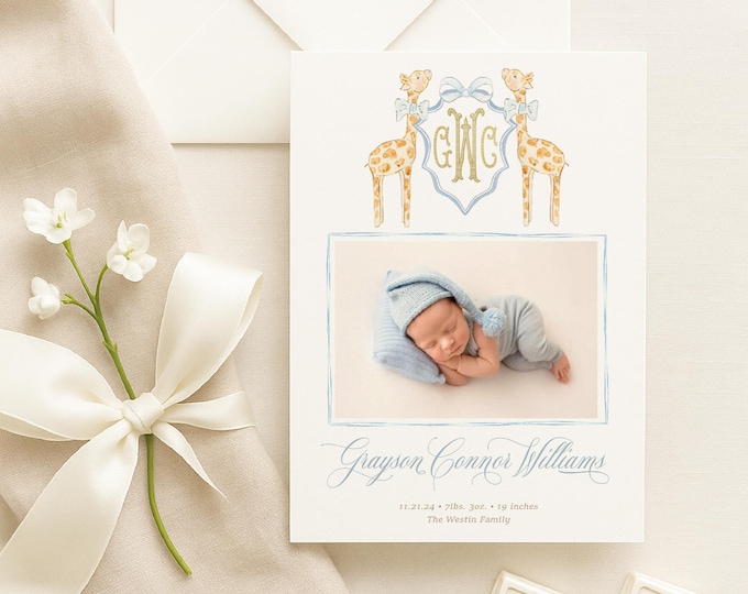 Watercolor Giraffe Crest Birth Announcement, Monogram Baby Card