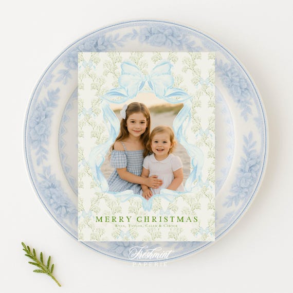 Blue floral Holiday Cards, Christmas card, Photo Christmas cards, Photo holiday cards, Pretty Holiday Cards, Monogram, Wreath
