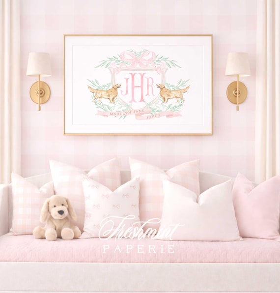 Golden Retriever Nursery Wall art: Monogram, Crest, Grandmillennial