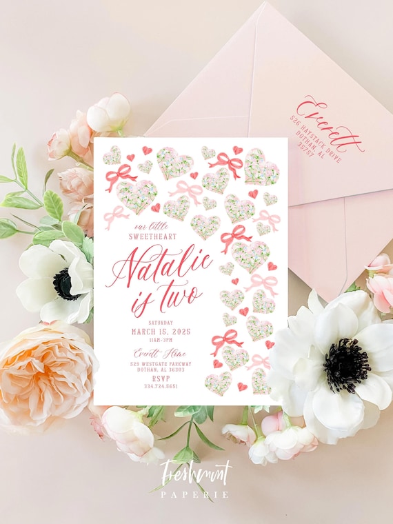 Valentines Ribbon Birthday Invitation, Pink Ribbon Bow Invitation, Valentines invitation, Hearts invitation, Pink Bow invitation, Pink & Red