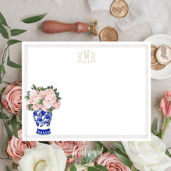 Personalized Stationery - Peony Ginger Jar Note Cards - Peony Stationery Note Cards - Ginger Jar Notecards - Chinoiserie - set40