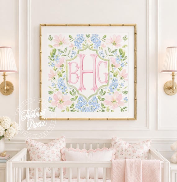 Monogram Wall Art, Hydrangea, Chinoiserie, Floral, Grandmillennial, Watercolor
