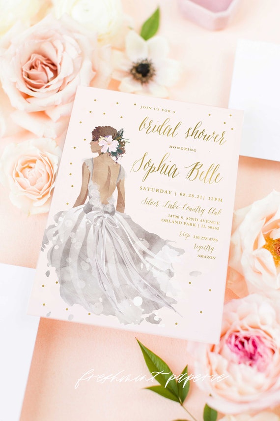 Bride invitation - bridal shower invitation - watercolor BRIDE invitation - calligraphy - blush gold invitation - dress invitation