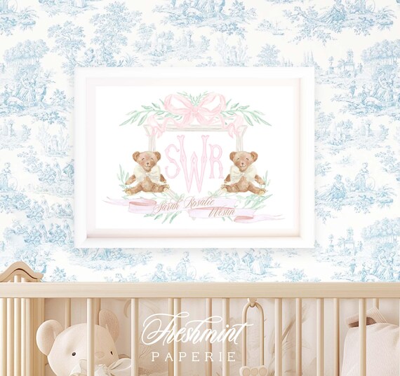 Teddy Bear wall Art, Brown Teddy Wall Art, Nursery Monogram Crest, Teddy Bear Art, Custom nursery wall art, Monogram crest, Girls Nursery