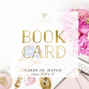 K&ouml;nnte beinhalten: Goldene Folienbeschriftung auf wei&szlig;em Hintergrund mit der Aufschrift "BOOK CARD" und einer kleinen Illustration eines Fahrrads. Unter dem Text steht "CARDS TO MATCH" und "size: 3.5" x 2" ".