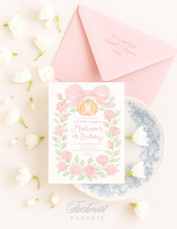 Pink Pumpkin Birthday Invitation: Monogram Crest Invitation