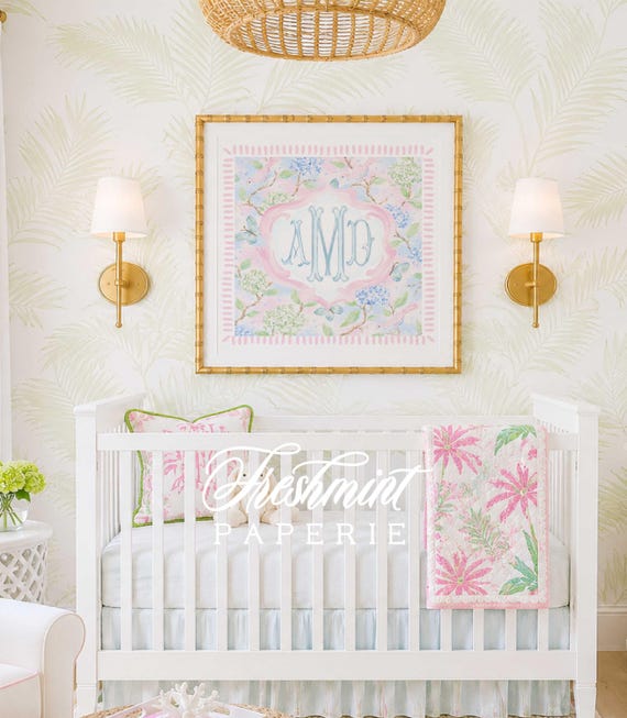 Monogram Wall Art, Monogram, Medallion, Grandmillennial, Watercolor, Chinoiserie, Hydrangeas