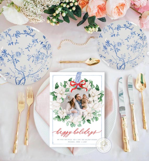 Magnolia Wreath Photo Christmas Cards, Chinoiserie Holiday Cards