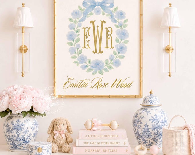 Watercolor Monogram Nursery Print: Blue Floral Crest