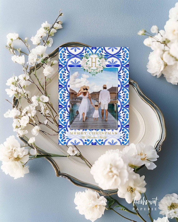 Blue Chinoiserie Photo Christmas Cards, Magnolia Wreath