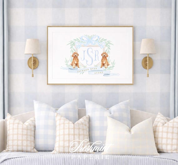 Goldendoodle Nursery Print, Monogram, Puppy Wall Decor, Watercolor Art, Doodle