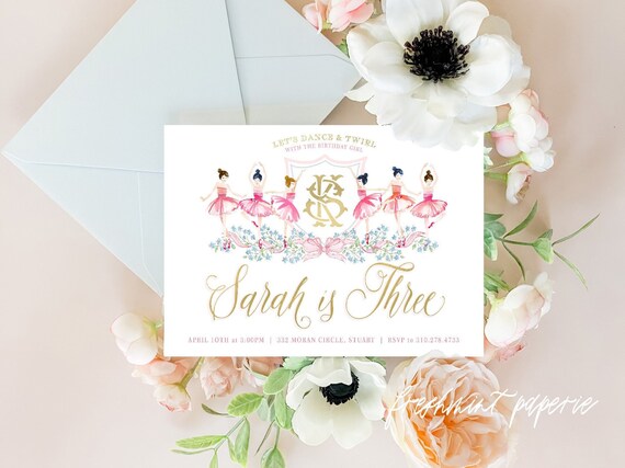 Ballerina Birthday Invitation – Personalized Dance Party Invite, Monogram, Tutu