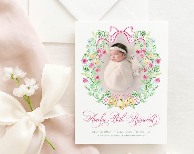 Watercolor Floral Wreath Baby Announcement Card