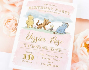 Pooh Birthday invitation, Classic Winnie the Pooh invitation, Vintage Winnie the Pooh Invitation, Pink Winnie the Pooh Invite, watercolor